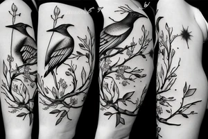 Mockingbird on a branch with mockingbird flying away tattoo idea