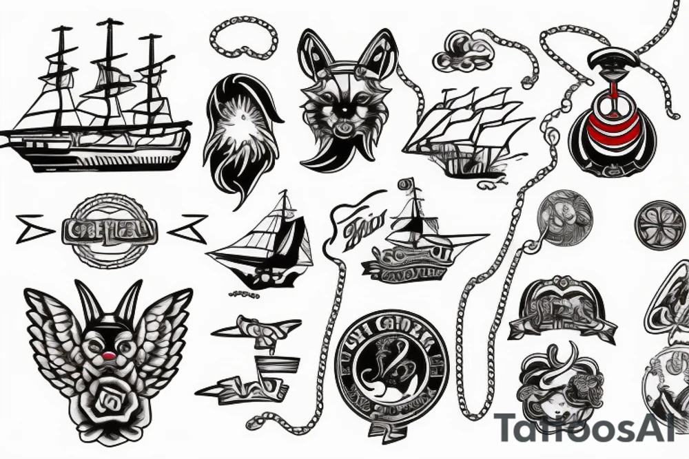 Sailor wolf sea ship gold chain tattoo idea
