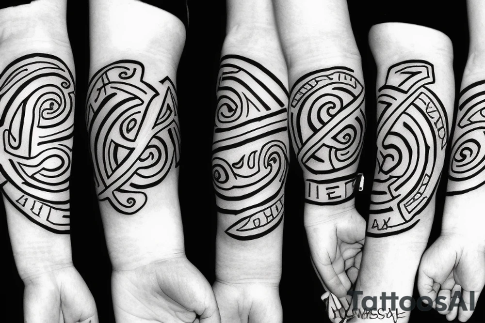 A forearm tattoo with black bands around the top and bottom with rune text on the bands tattoo idea