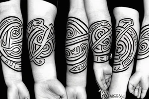 A forearm tattoo with black bands around the top and bottom with rune text on the bands tattoo idea