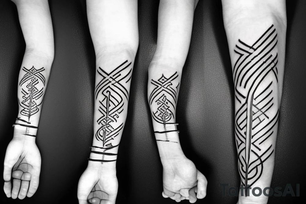 A forearm tattoo with black bands around the top and bottom with rune text on the bands tattoo idea