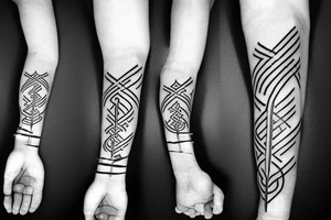 A forearm tattoo with black bands around the top and bottom with rune text on the bands tattoo idea