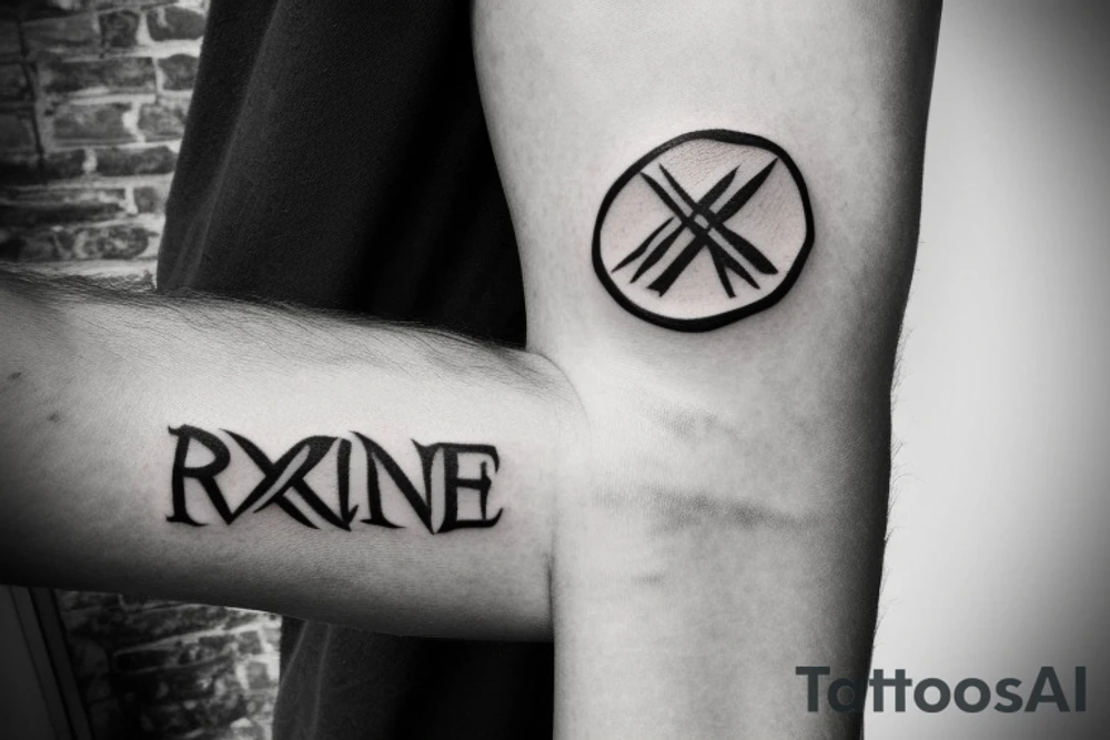 A forearm tattoo with black bands around the top and bottom with rune text on the bands tattoo idea