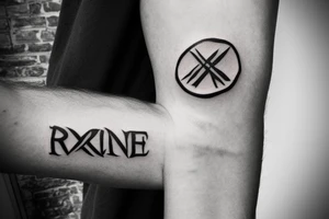 A forearm tattoo with black bands around the top and bottom with rune text on the bands tattoo idea