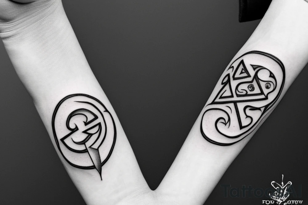 A forearm tattoo with black bands around the top and bottom with rune text on the bands tattoo idea