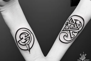 A forearm tattoo with black bands around the top and bottom with rune text on the bands tattoo idea