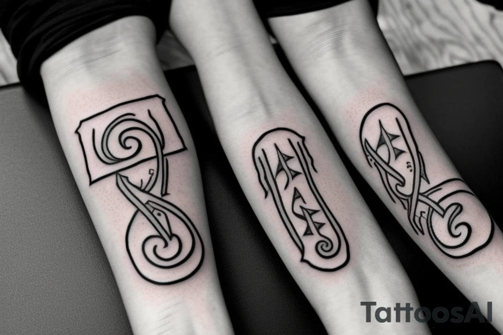 A forearm tattoo with black bands around the top and bottom with rune text on the bands tattoo idea