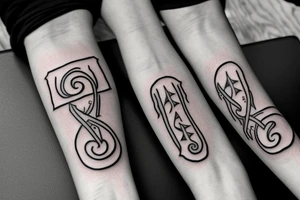 A forearm tattoo with black bands around the top and bottom with rune text on the bands tattoo idea