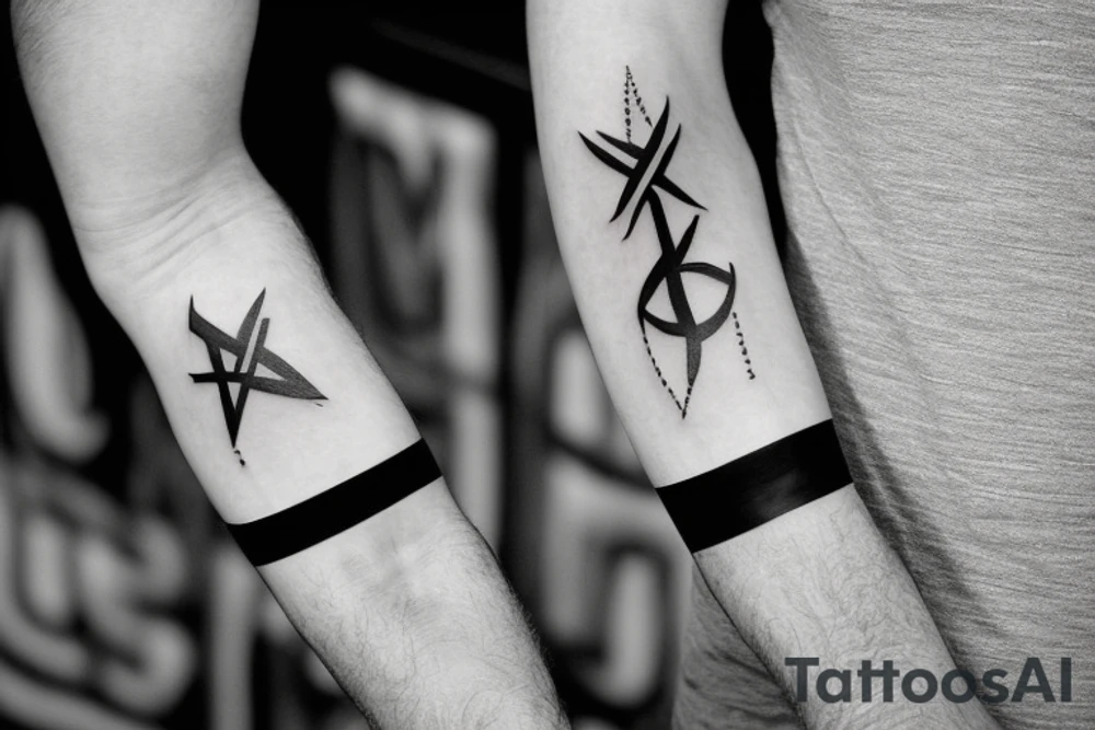 A forearm tattoo with black bands around the top and bottom with rune text on the bands tattoo idea