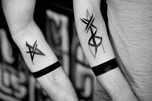 A forearm tattoo with black bands around the top and bottom with rune text on the bands tattoo idea