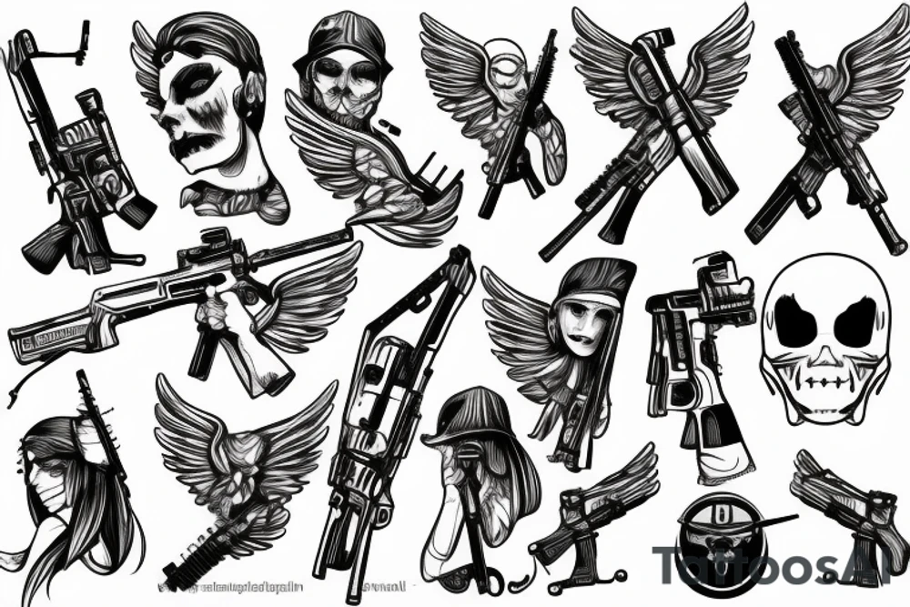 an angel with a rifle and a tear drop tattoo idea