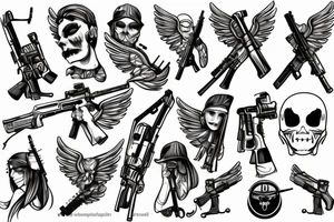 an angel with a rifle and a tear drop tattoo idea