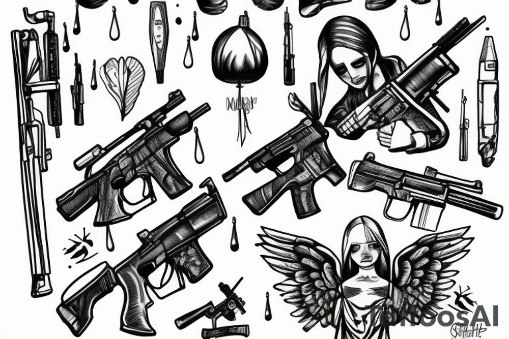 an angel with a rifle and a tear drop tattoo idea