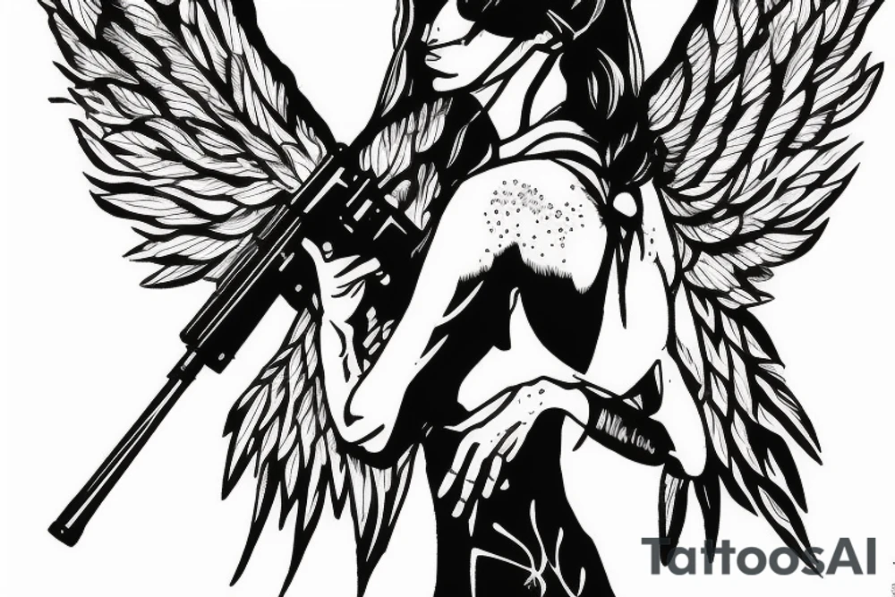 an angel with a rifle and a tear drop tattoo idea