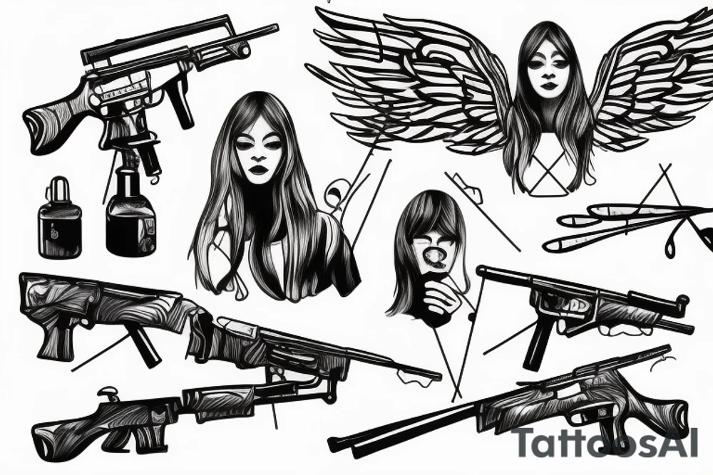 an angel with a rifle and a tear drop tattoo idea