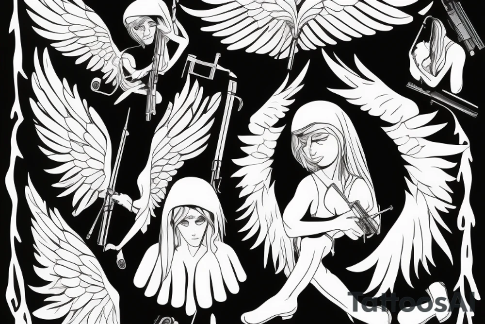 an angel with a rifle and a tear drop tattoo idea