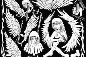an angel with a rifle and a tear drop tattoo idea