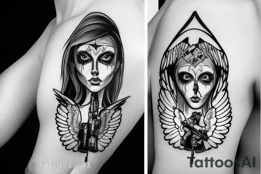 an angel with a rifle and a tear drop tattoo idea