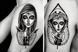 an angel with a rifle and a tear drop tattoo idea
