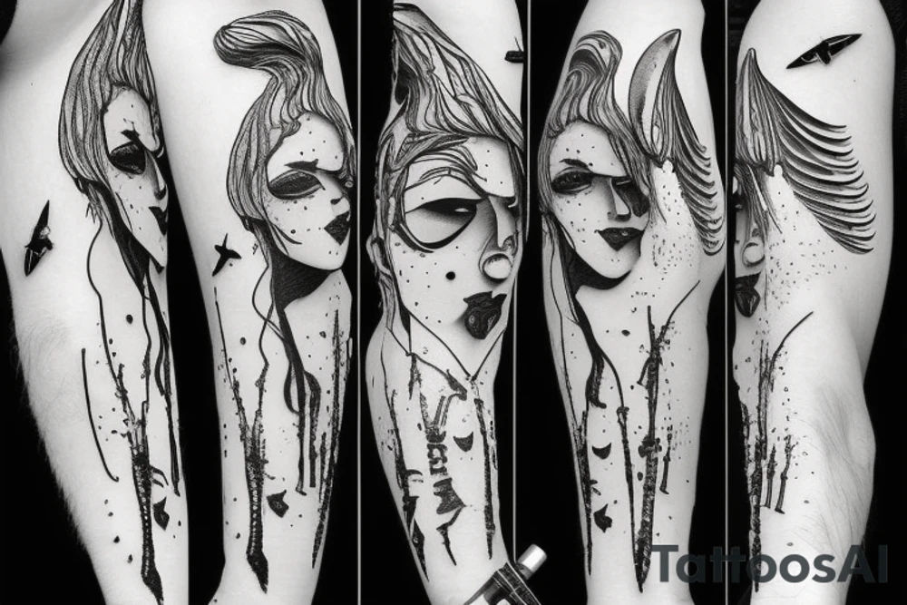 an angel with a rifle and a tear drop tattoo idea