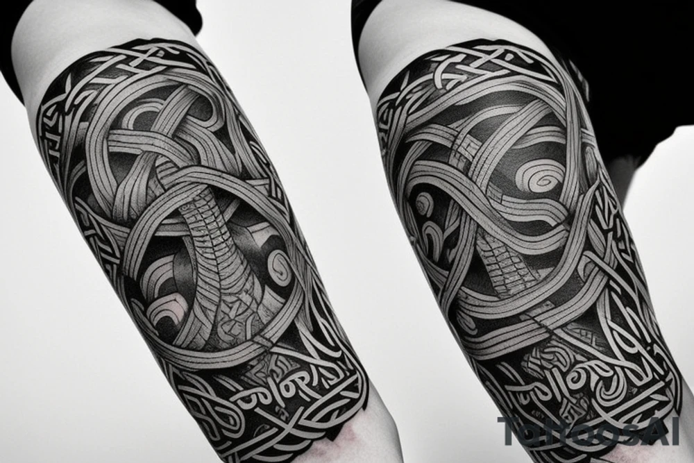 Full sleeve, Norse mythology style. Thor, Odin, world serpent, tree of life, realms, runes tattoo idea