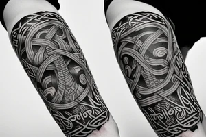 Full sleeve, Norse mythology style. Thor, Odin, world serpent, tree of life, realms, runes tattoo idea