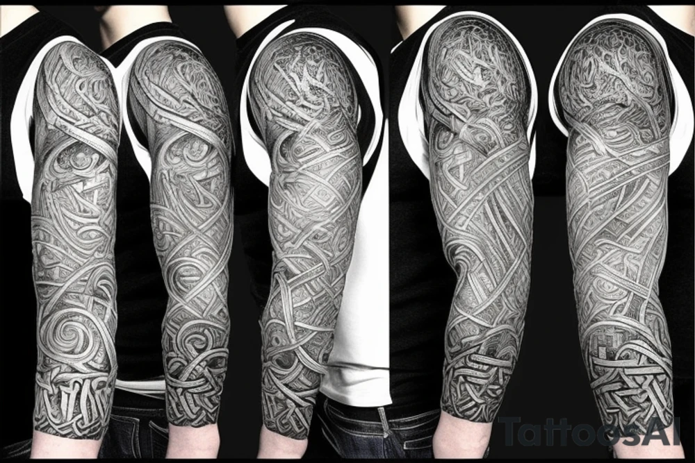 Full sleeve, Norse mythology style. Thor, Odin, world serpent, tree of life, realms, runes tattoo idea