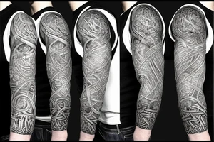 Full sleeve, Norse mythology style. Thor, Odin, world serpent, tree of life, realms, runes tattoo idea