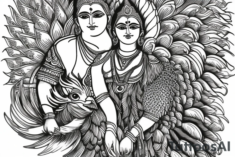 Lord Murugan with rooster and peacock tattoo idea