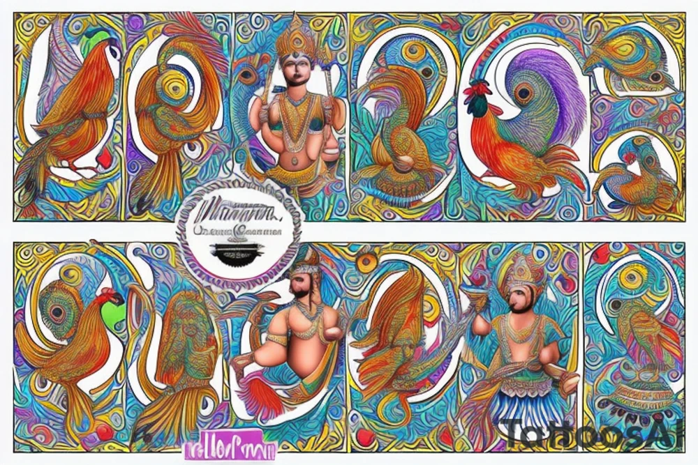 Lord Murugan with rooster and peacock tattoo idea