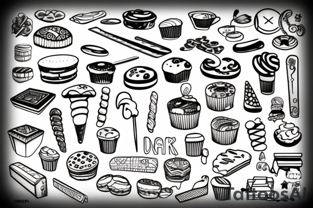 Something that represents a bakery, pastries, rolling pin, measuring cup tattoo idea