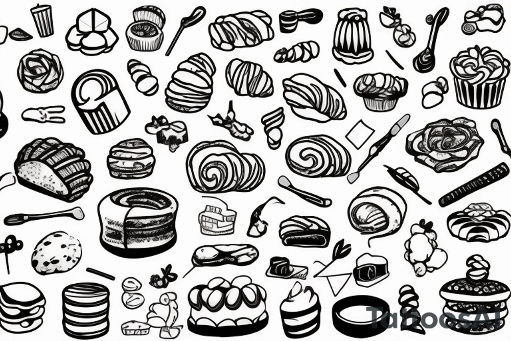Something that represents a bakery, pastries, rolling pin, measuring cup, croissants tattoo idea