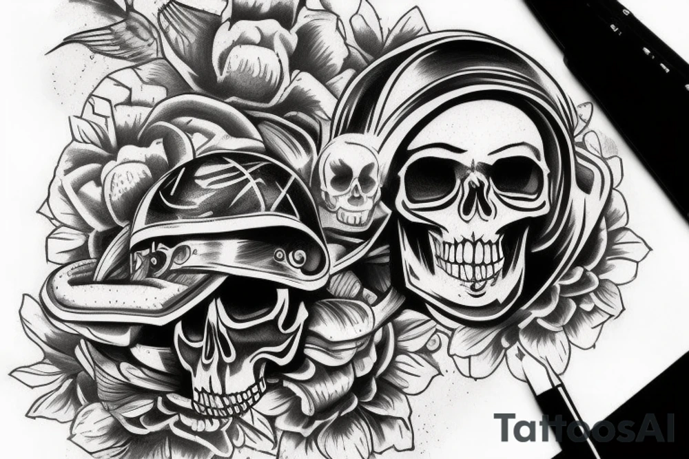 Skull in motorcycle helmet tattoo idea
