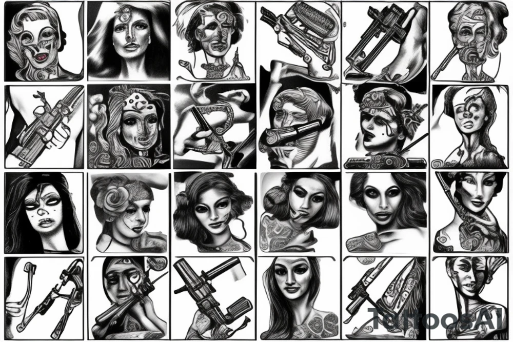 Themis, money, guns, drugs tattoo idea