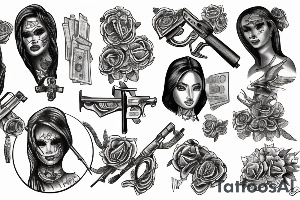 Themis, money, guns, drugs tattoo idea