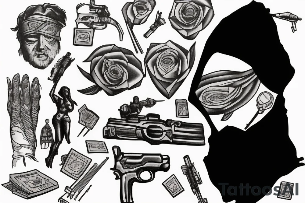 Themis, money, guns, blindfolded tattoo idea
