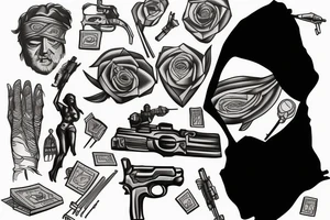 Themis, money, guns, blindfolded tattoo idea