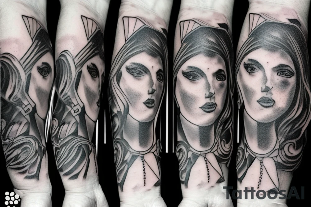 Themis, money, guns, blindfolded tattoo idea