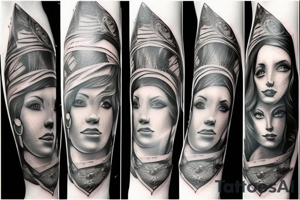 Themis, money, guns, blindfolded tattoo idea