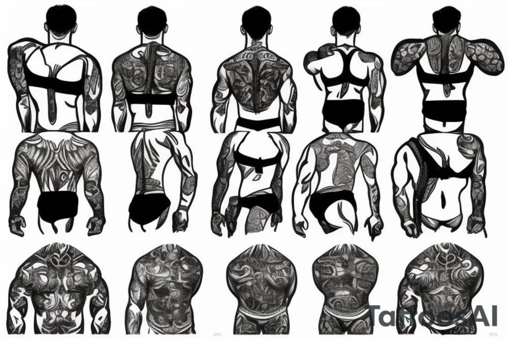 Muscular man in a jockstrap and harness tattoo idea