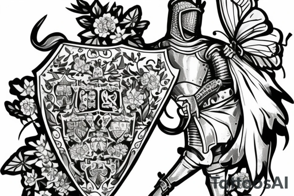 Medieval knight guarding a coat of arms, surrounded by flowers and butterflies tattoo idea