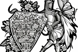 Medieval knight guarding a coat of arms, surrounded by flowers and butterflies tattoo idea