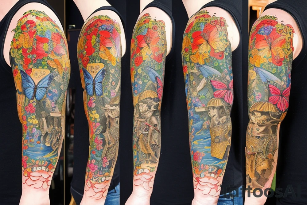 Medieval knight guarding a coat of arms, surrounded by flowers and butterflies tattoo idea