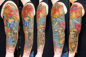 Medieval knight guarding a coat of arms, surrounded by flowers and butterflies tattoo idea