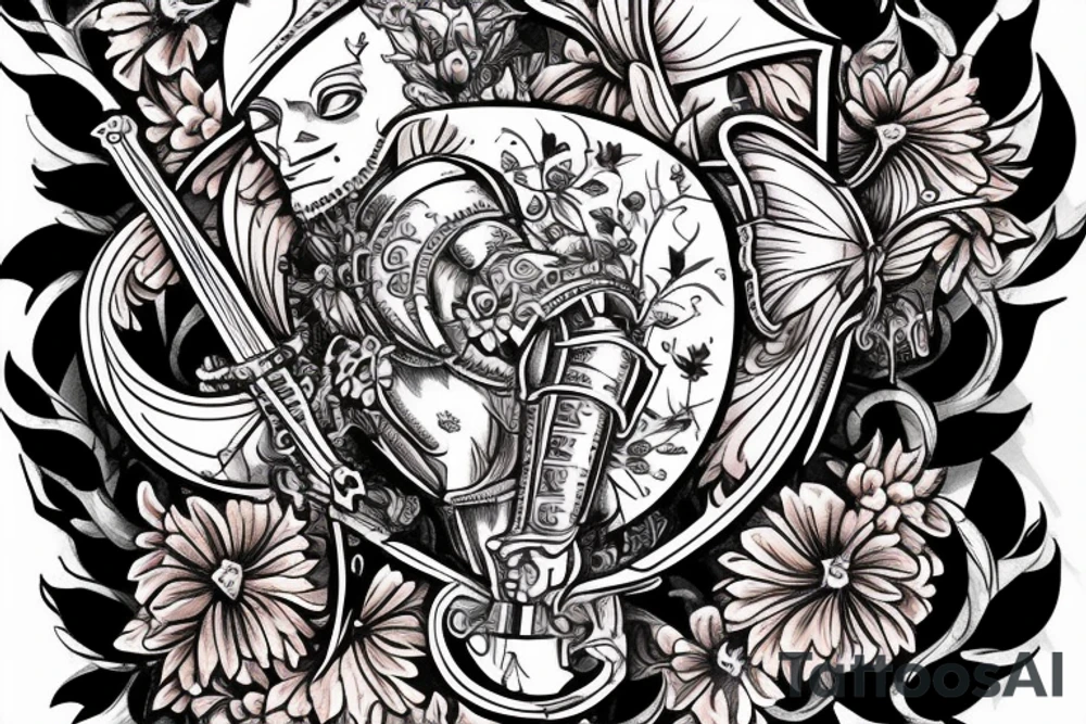 Medieval knight guarding a coat of arms with a sword, surrounded by flowers and butterflies tattoo idea
