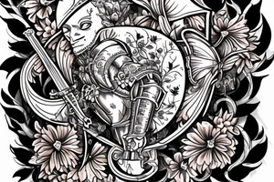 Medieval knight guarding a coat of arms with a sword, surrounded by flowers and butterflies tattoo idea