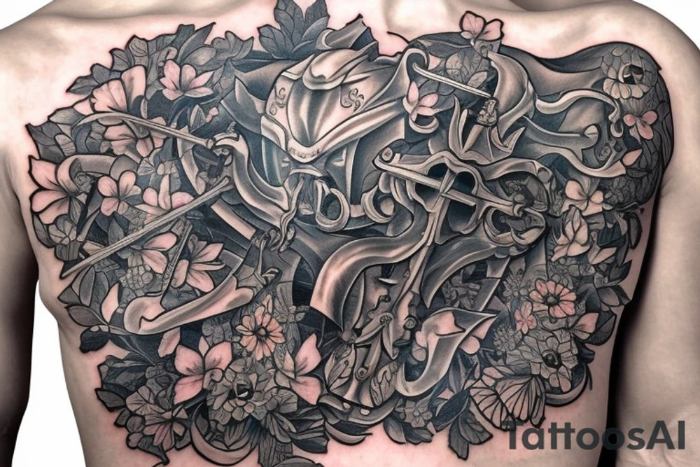 Medieval knight guarding a coat of arms with a sword, surrounded by flowers and butterflies tattoo idea
