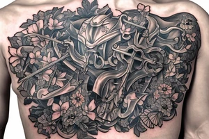 Medieval knight guarding a coat of arms with a sword, surrounded by flowers and butterflies tattoo idea