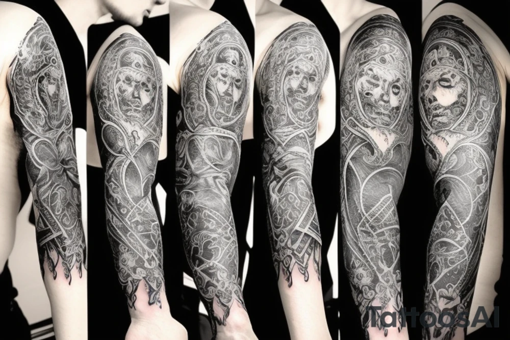 A gothic style sleeve that incorporates spiritual themes of the journey of life and death tattoo idea