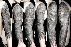 A gothic style sleeve that incorporates spiritual themes of the journey of life and death tattoo idea
